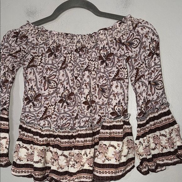 American Eagle Outfitters Brown and White Smocked Cropped Blouse - Picture 8 of 8